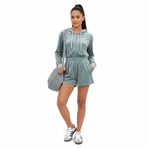Papermoon $68 NWT Velour Hooded Short Romper S zip front long sleeve athleisure